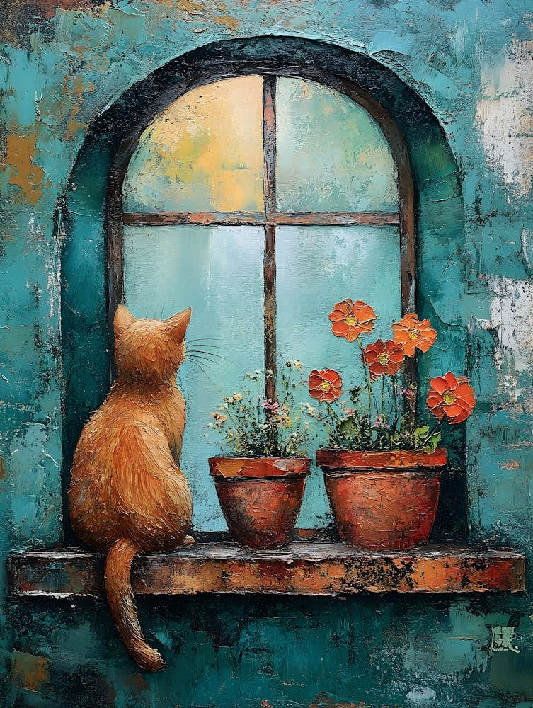 Cat In Window With Flowers 4