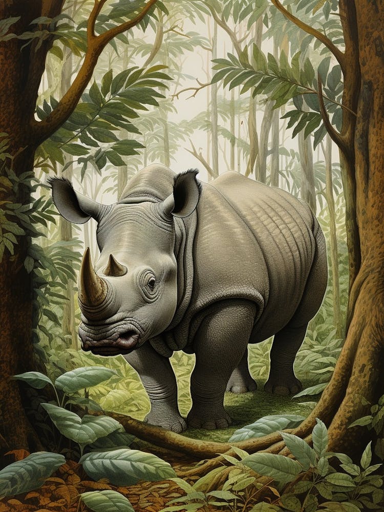 Rhino In The Shadows Of The Trees Realistic Illustration 4