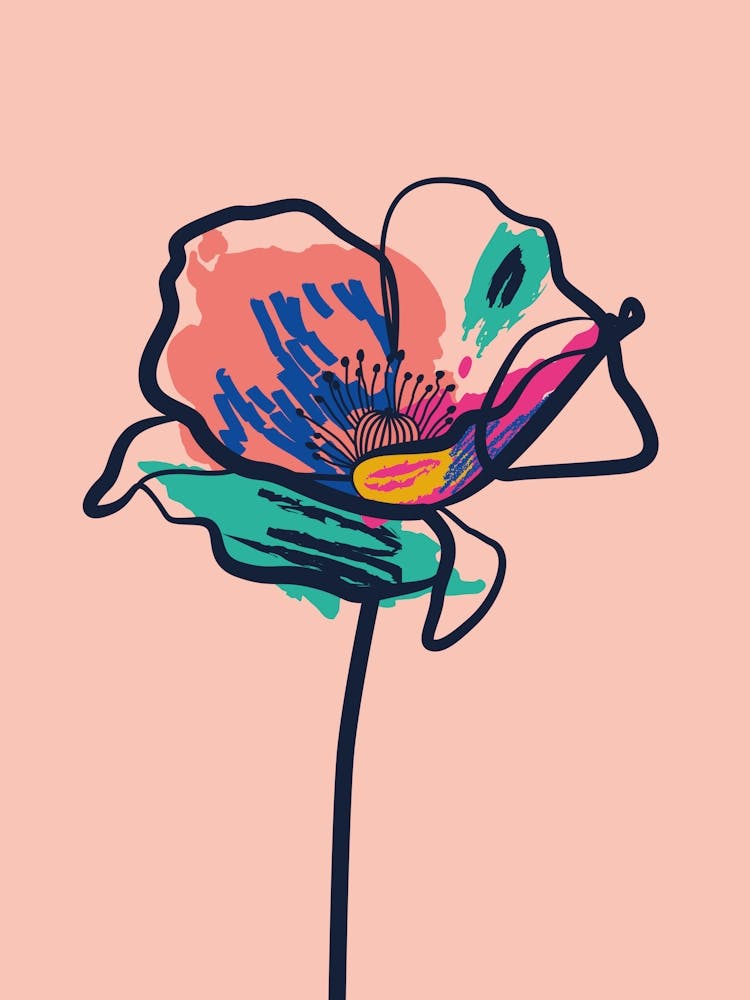 Poppy Flower Minimal Line Art Pink