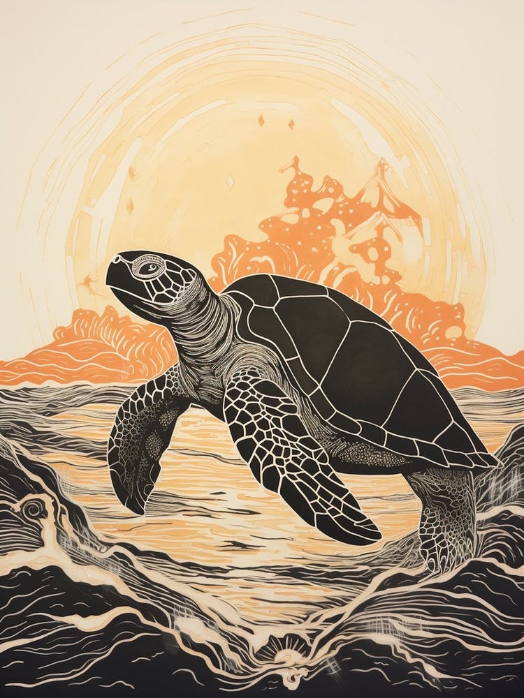 Linocut Illustration Style Of Sea Turtle And Sunset Black & Orange 2