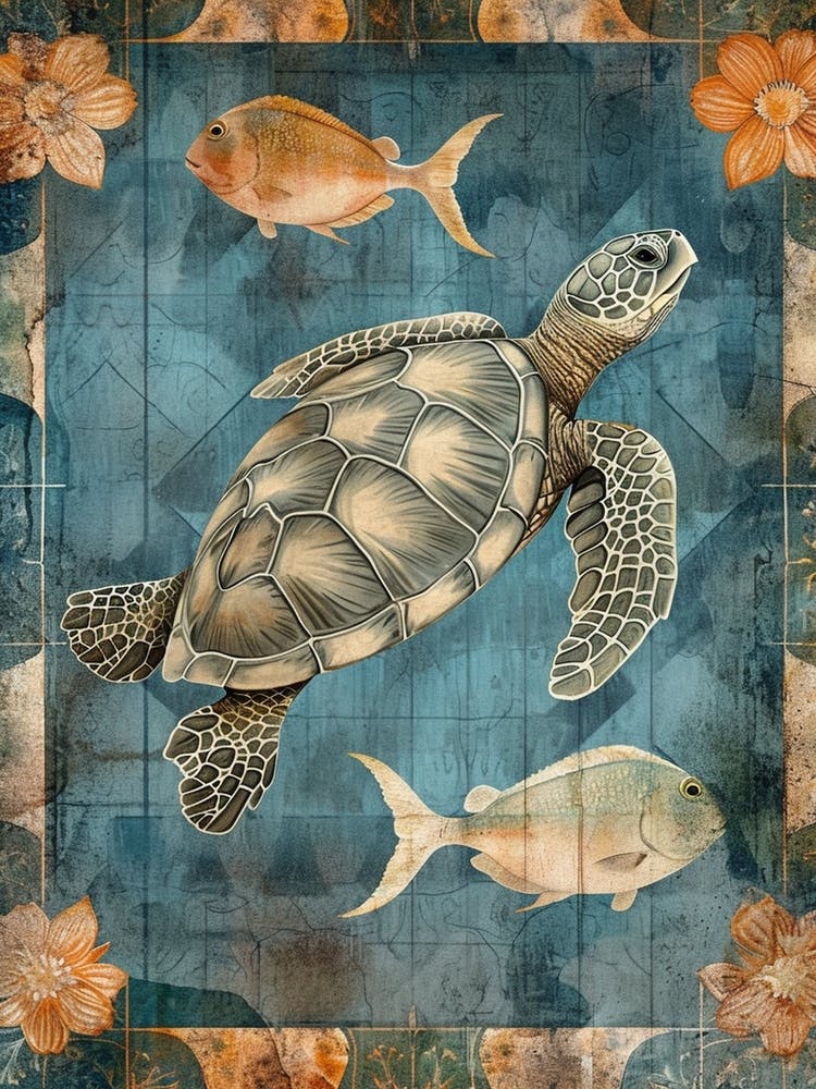Blue Sea Turtle & Fish Mixed Media Collage
