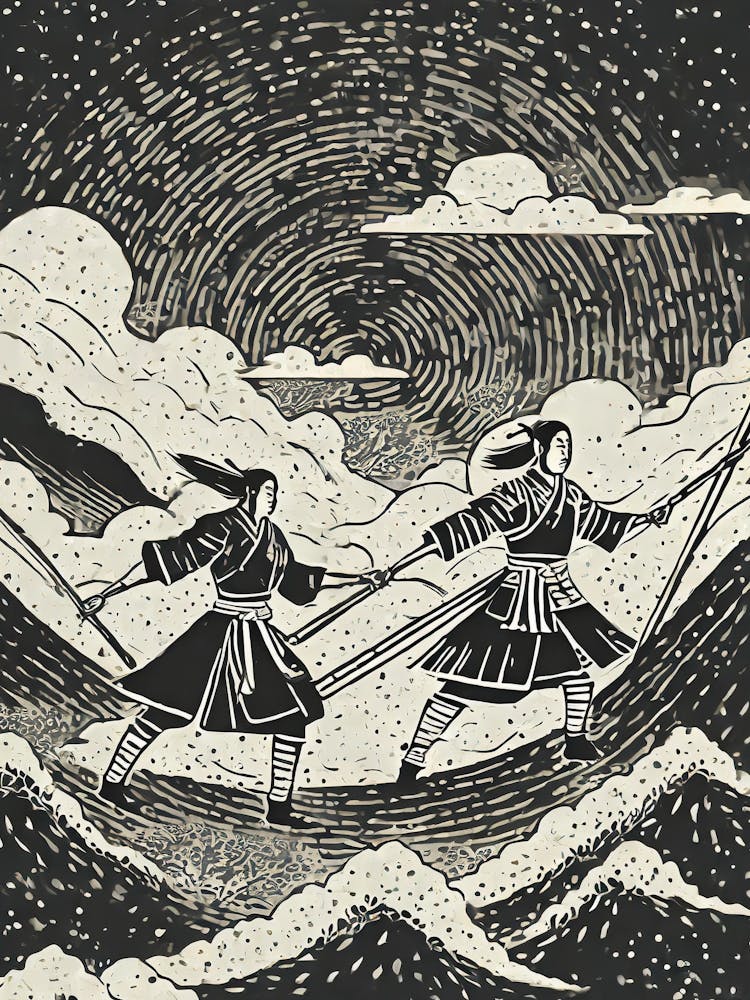 Samurai Warriors In A Fierce Battle Amidst A Storm Ukiyo-E Style