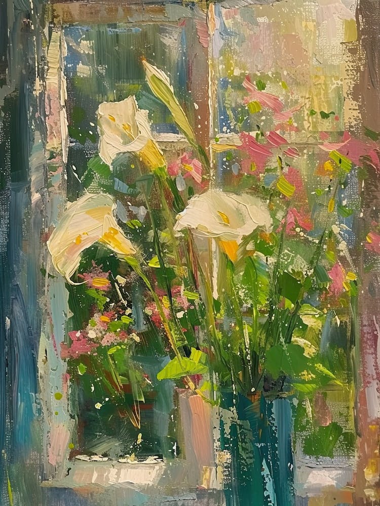 Calla-Lilien-Blumen auf einem Hüttenfenster 4