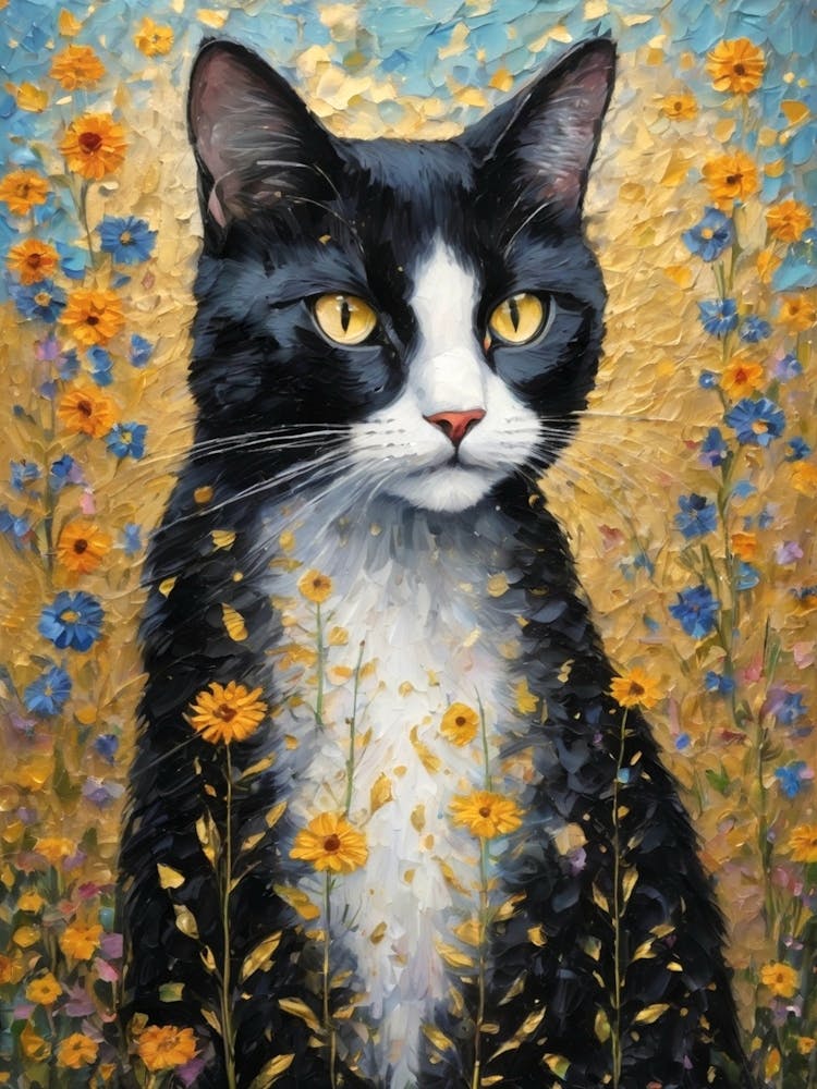 Klimt Style Tuxedo Black Cat in Garden Flowers Meadow Gold Leaf Painting - Gustav Klimt and Monet Waterlillies Inspired Textured Wall Decor - Super Vibrant HD High Resolution