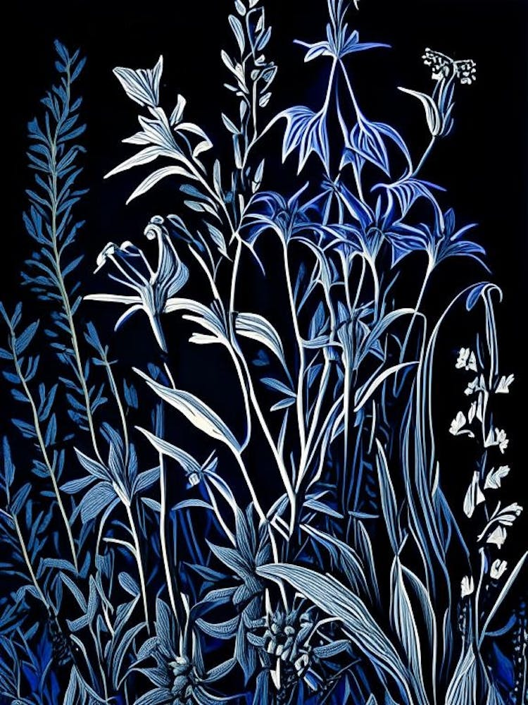 Blue Lobelia Wildflower Linocut