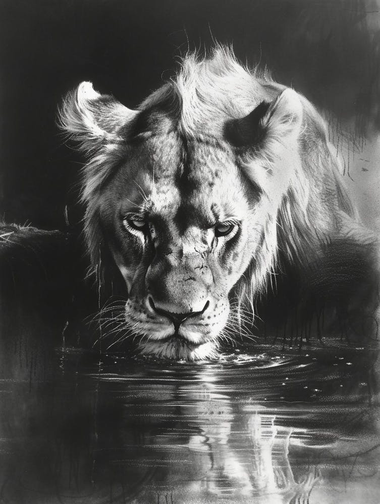African Lion Charcoal Drawing Drinking From A Watering Hole 3