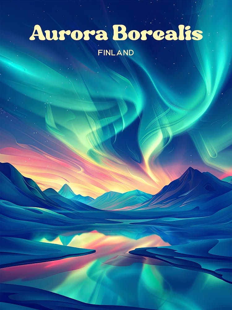 Aurora Borealis Iceland Dancing Lights Travel Art Illustration
