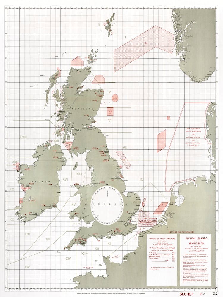 British Islands Approximate Positions Of Minefields (1918)
