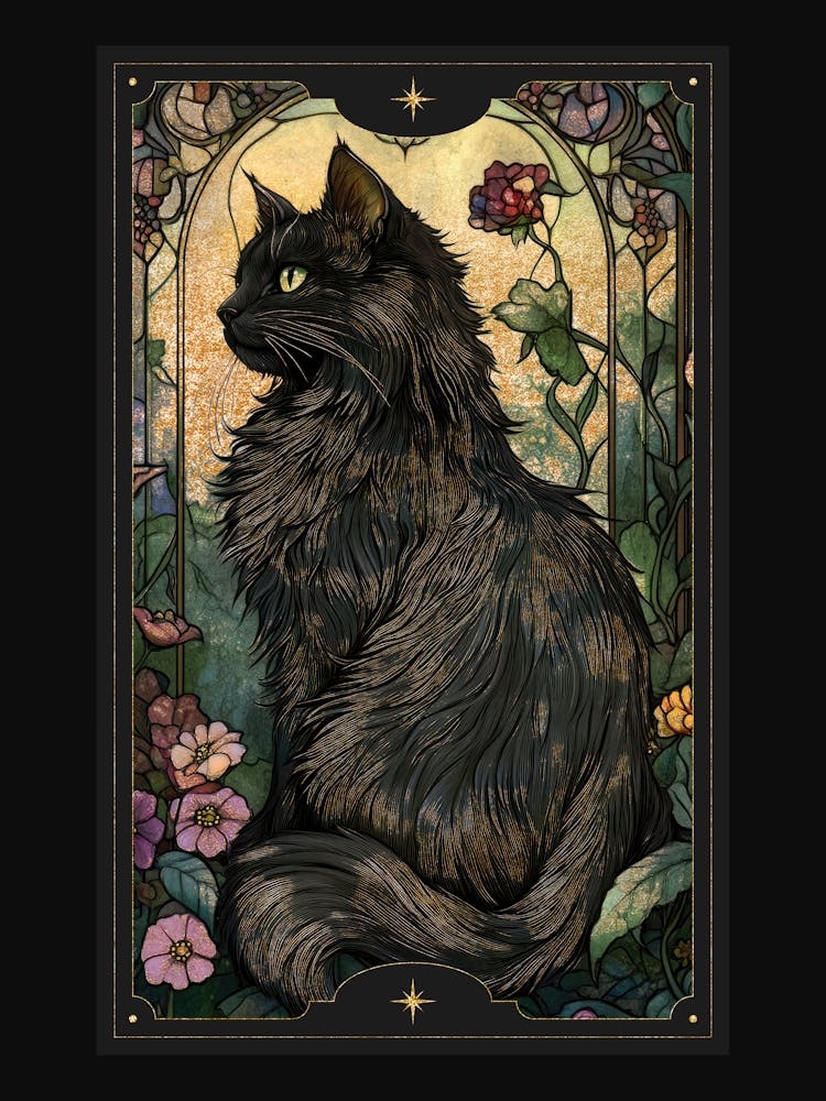 Alphonse Mucha-inspired black cat and ornate florals with gold accents in a dark cottagecore aesthetic with stained glass effect, Art Nouveau style witchy artwork perfect for libraries, vintage-themed rooms, moody interior 7