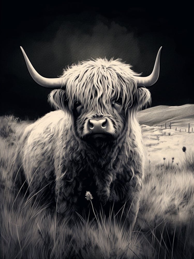 Textured Black & White Illustration Of Highland Cow