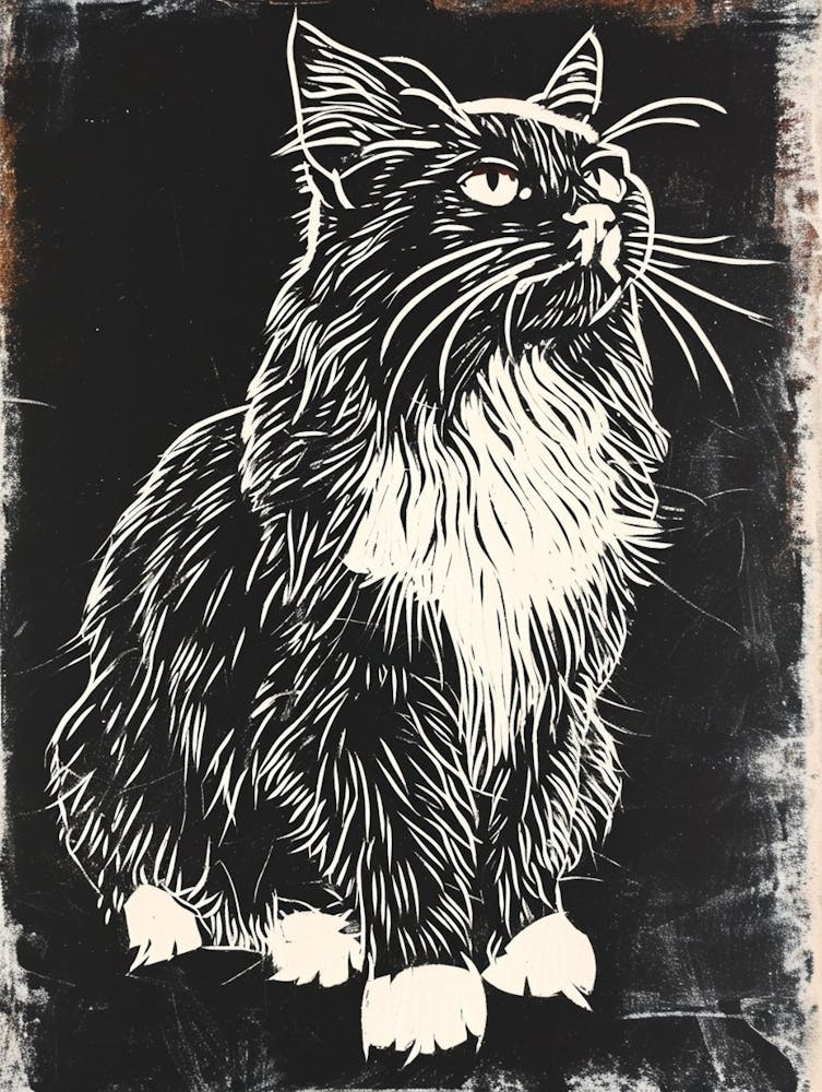 Maine Coon Linocut Blockprint 4
