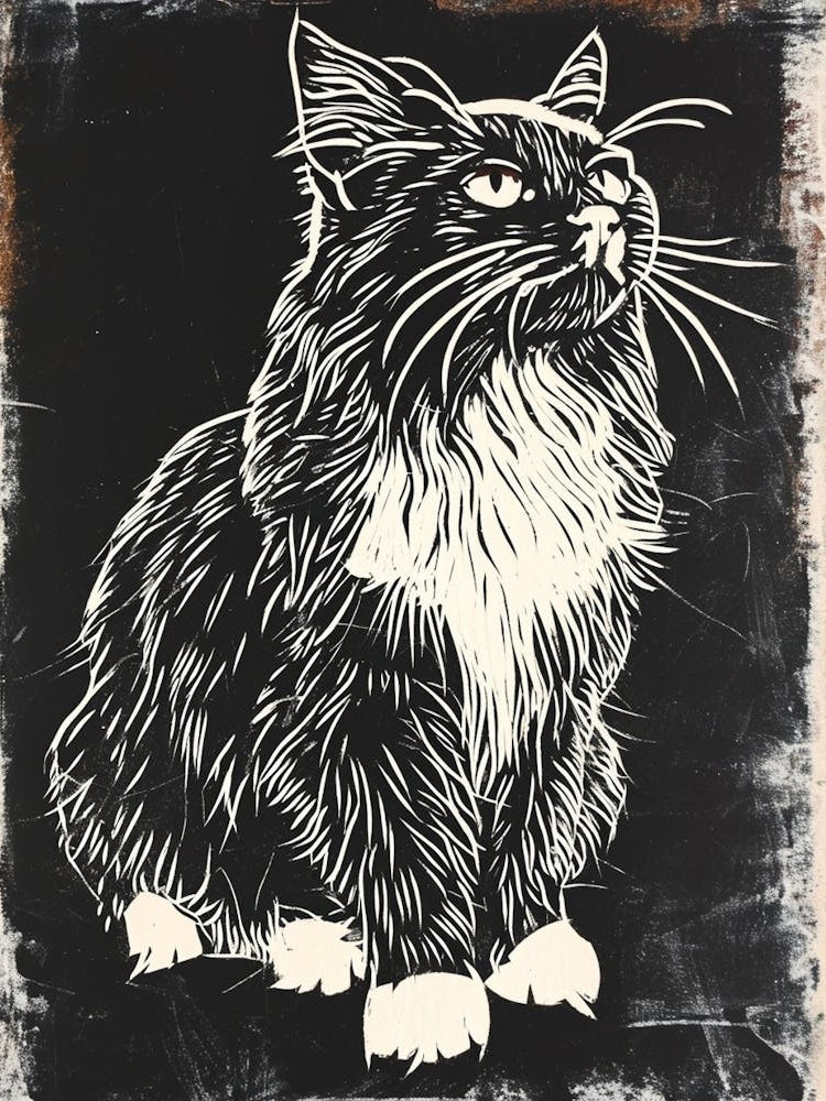 Maine Coon Linocut Blockprint 4