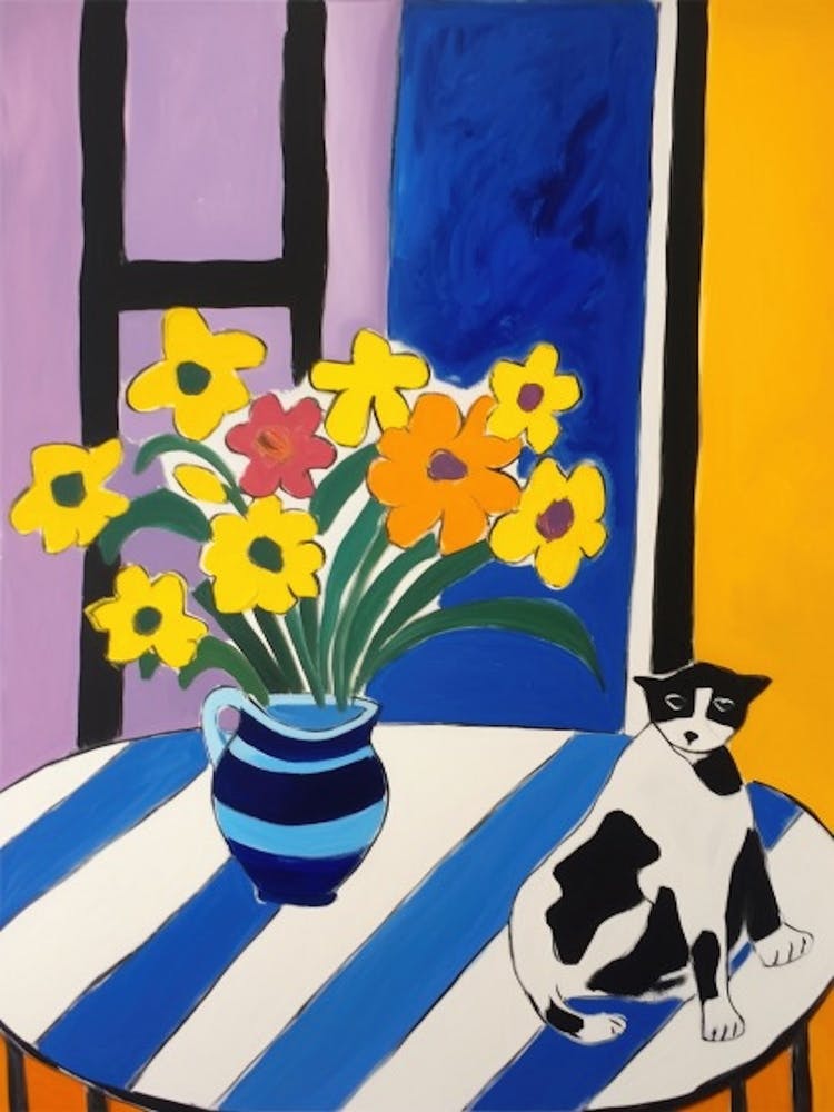 A Painting Of A Still Life Of A Iris With A Cat In The Style Of Matisse  2
