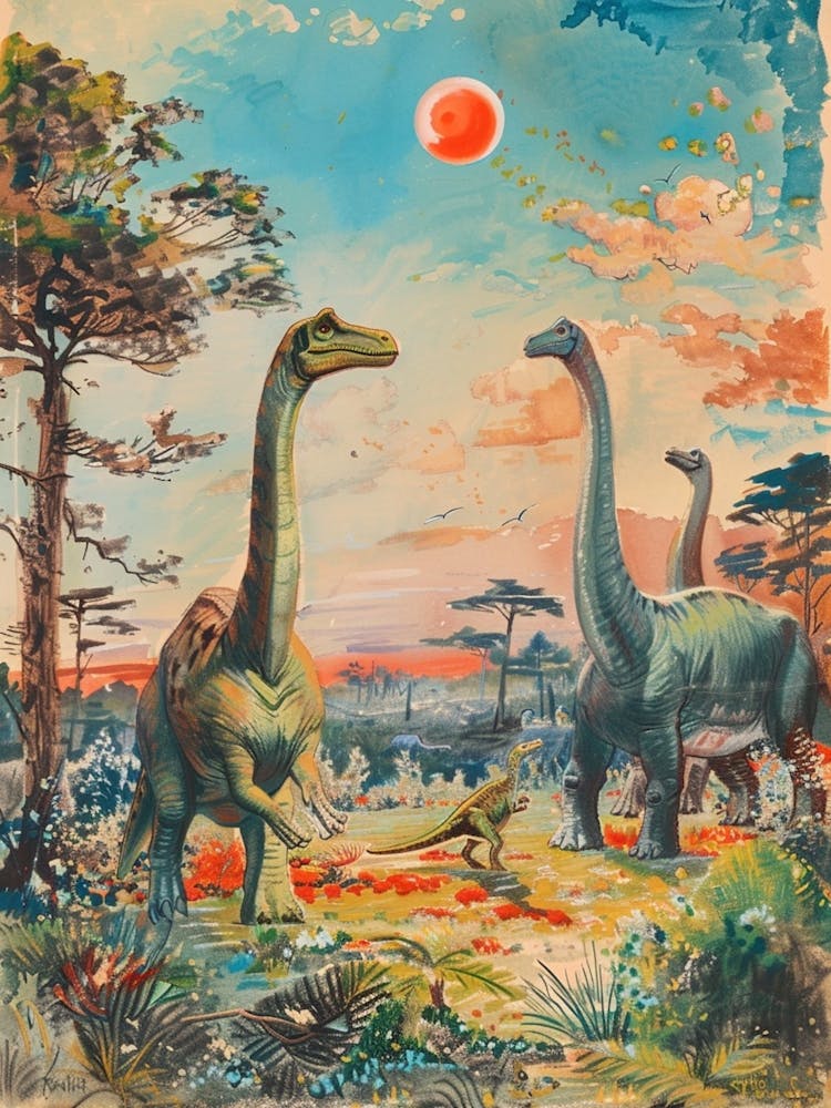 Dinosaur In Jurassic Landscape Vintage Illustration 1
