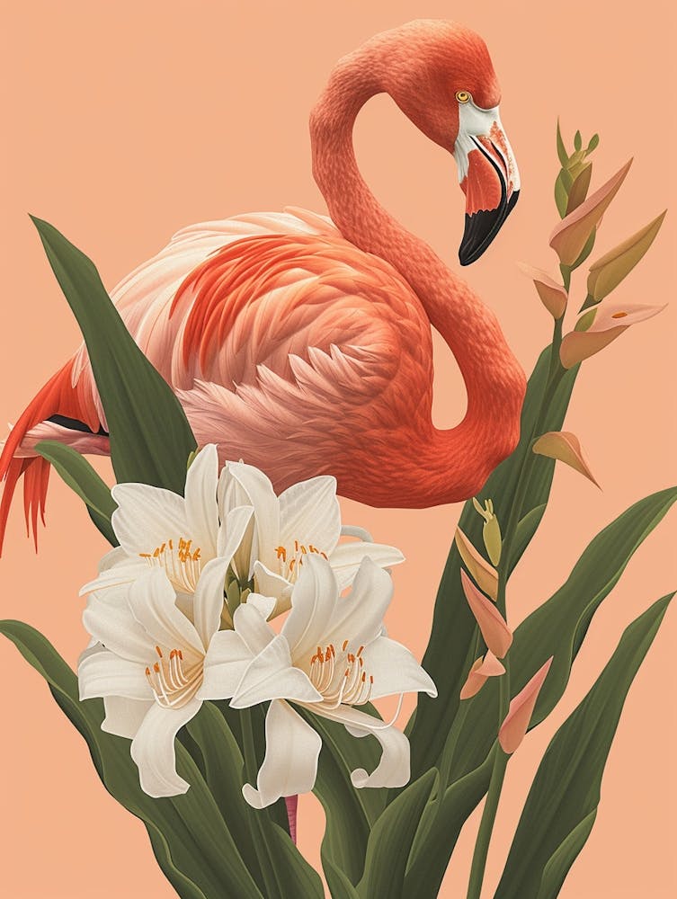 American Flamingo And Canna Lily Minimalist Illustration 2