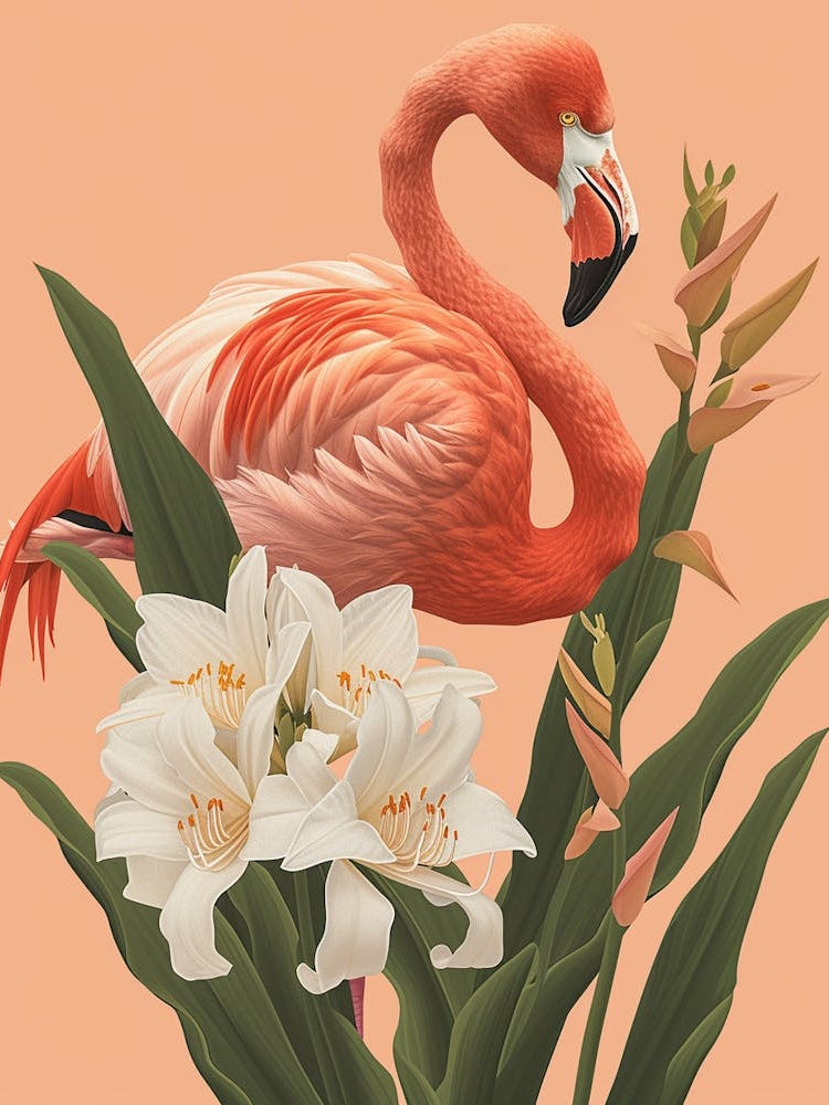 American Flamingo And Canna Lily Minimalist Illustration 2