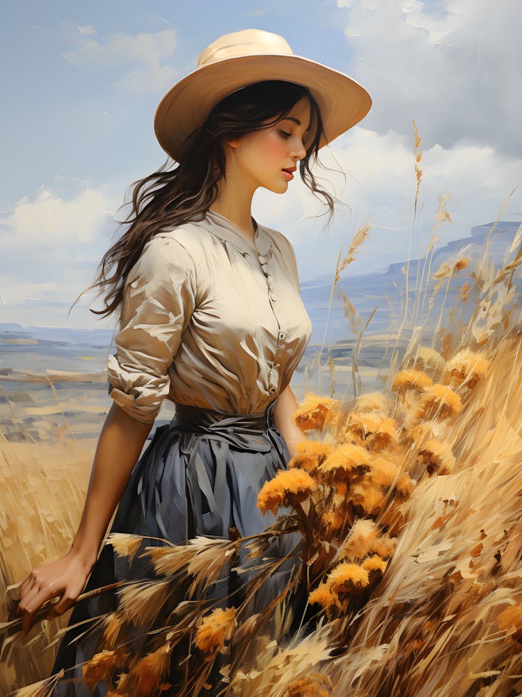 Romantic Boho Wheat Field Woman – Vintage Oil Painting, Farmhouse Wall Art