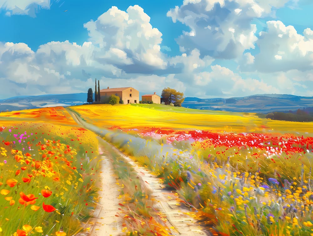 Flower Fields In Country Side Under Sunshine