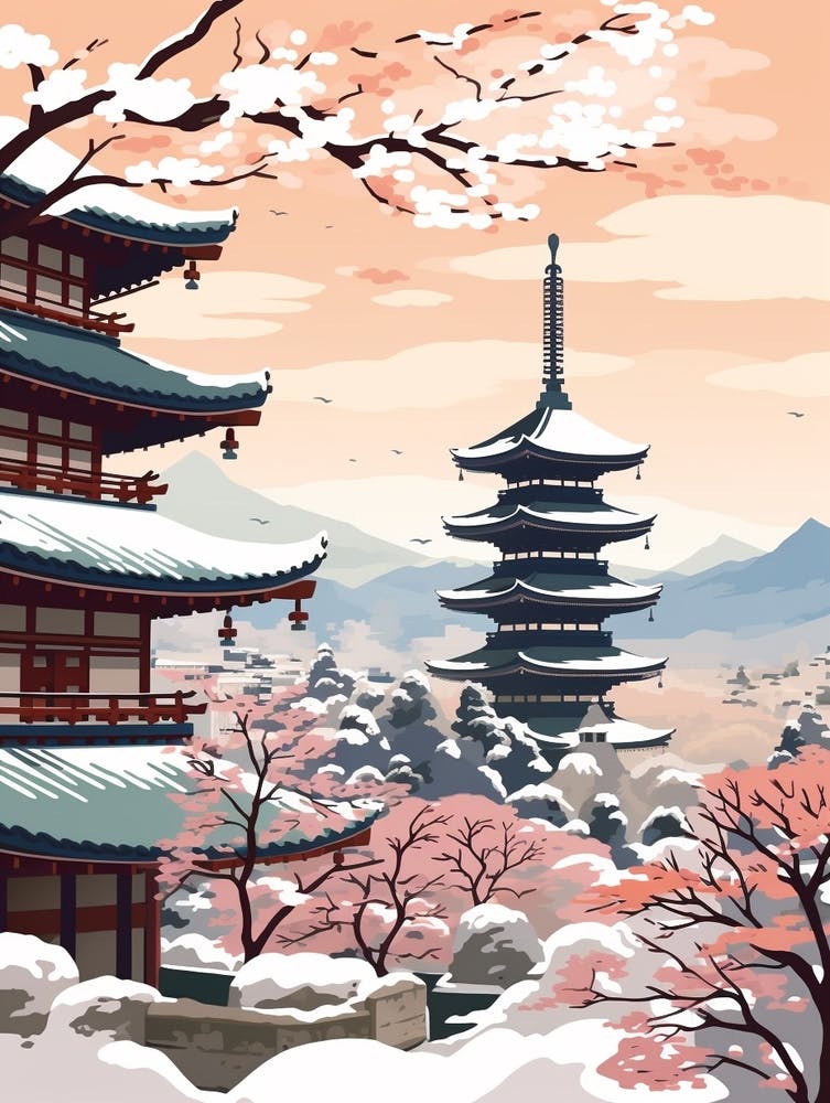 Vintage Winter-Reiseillustration Kyoto Japan 1