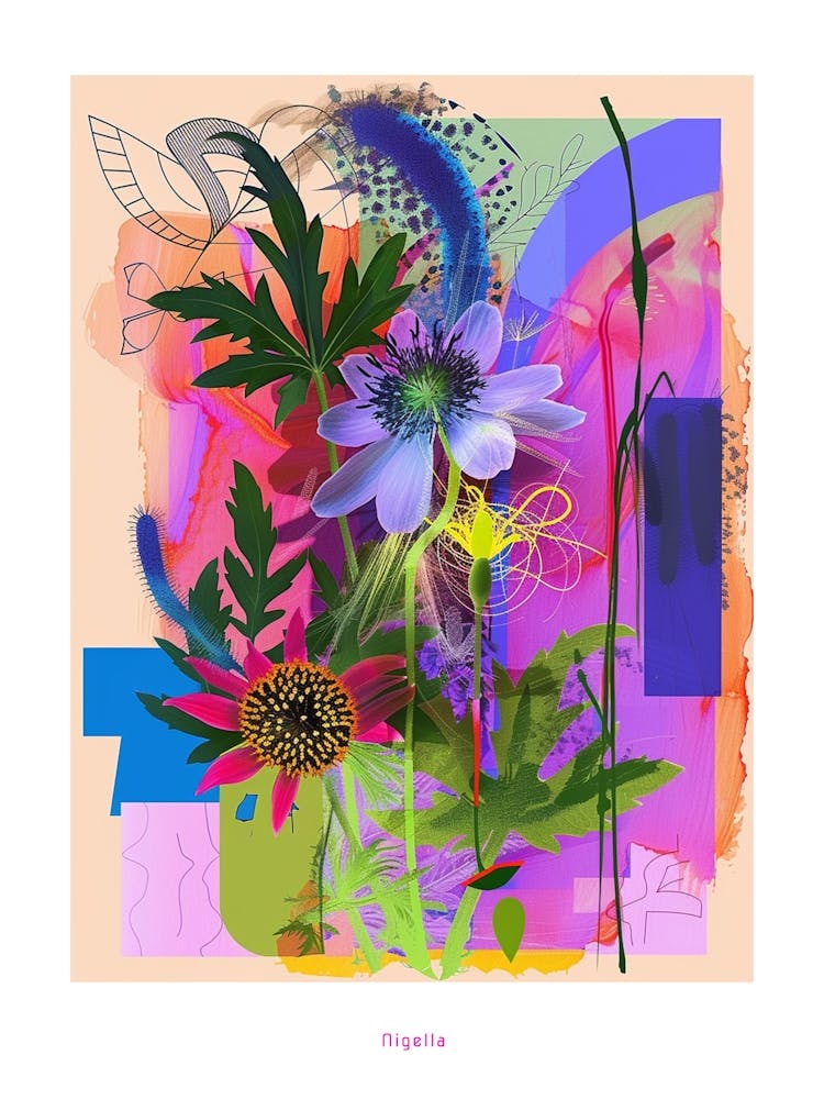 Nigella 1 Neon Blumen Collage Poster