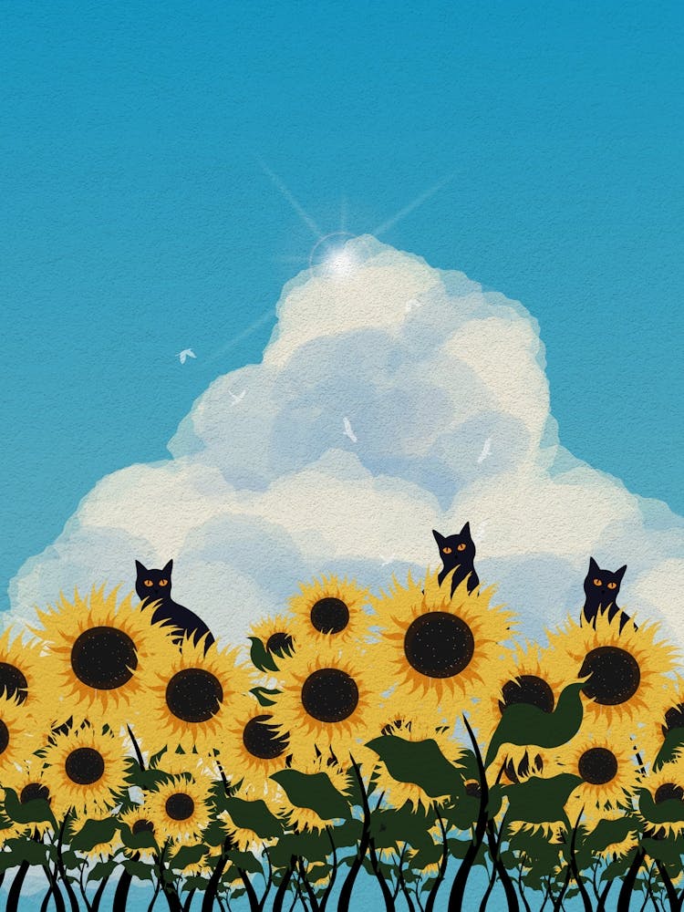 Minimal art of a cat in a sunflower field