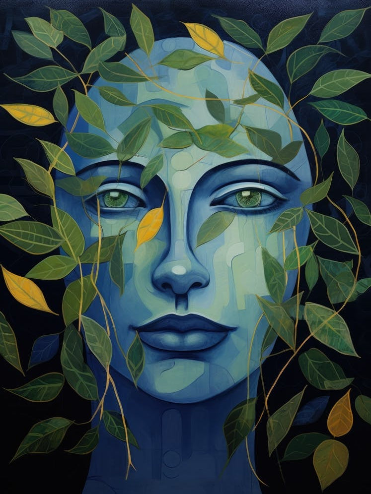Blue Woman With Leaves