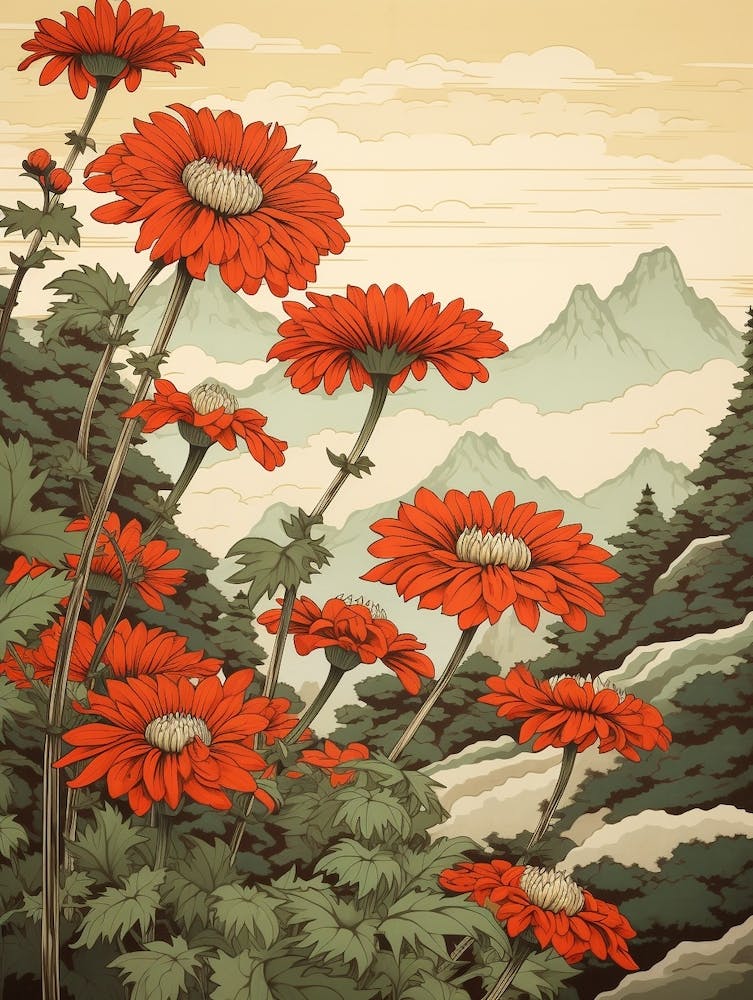 Kiku Chrysanthemum Japanese Botanical Illustration