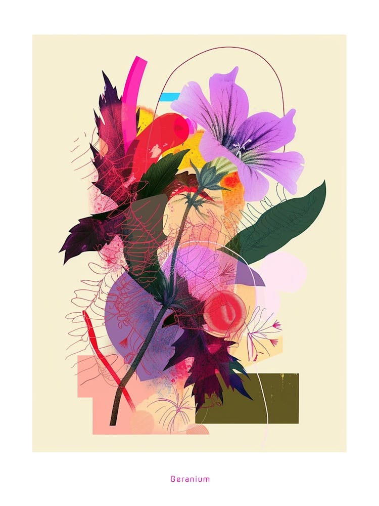 Geranium 3 Neon Flower Collage Poster