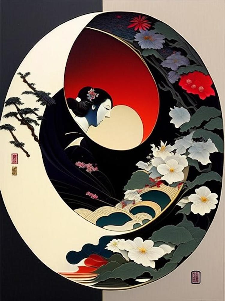 Colour Yin and Yang Japanese Ukiyo E Style