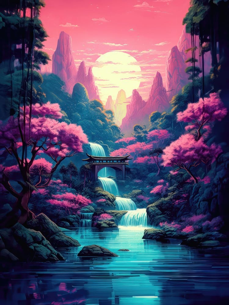 Asian Cherry Blossom Water Landscape