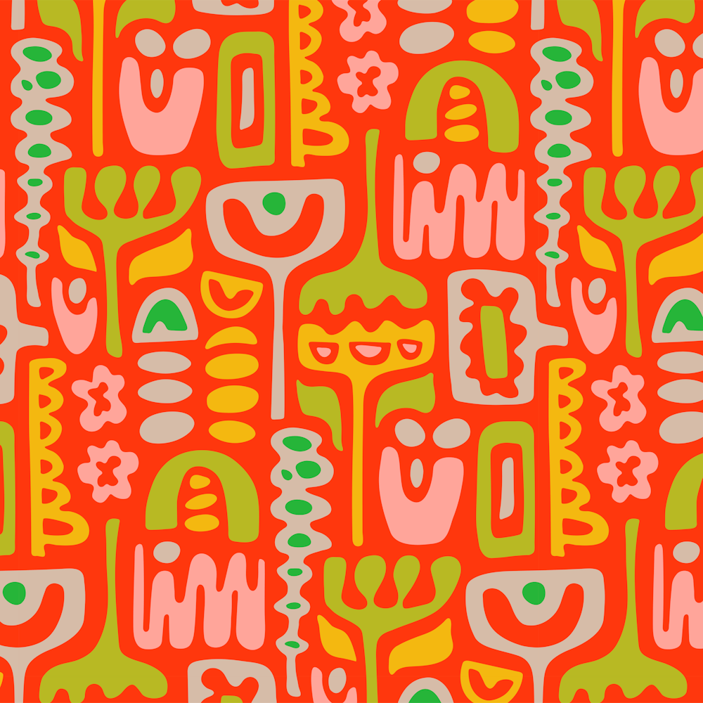 DREAMSCAPE Retro 70s Abstract Organic Floral Botanical Shapes in Blush Pink Green Yellow Cream on Coral Orange