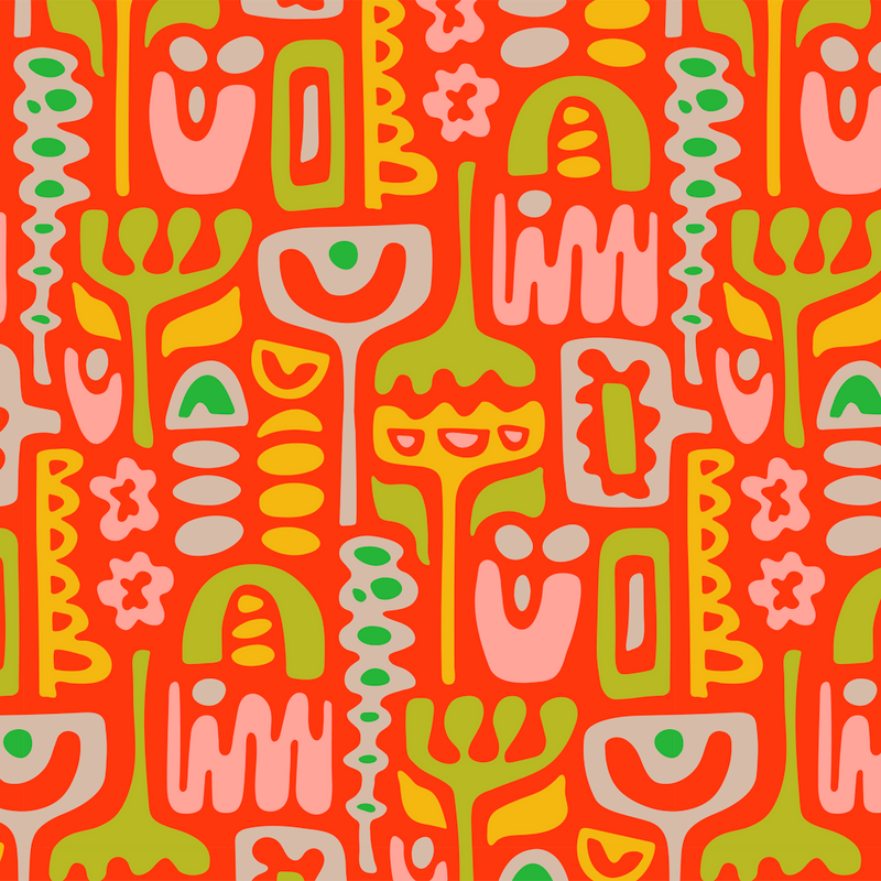 DREAMSCAPE Retro 70s Abstract Organic Floral Botanical Shapes in Blush Pink Green Yellow Cream on Coral Orange