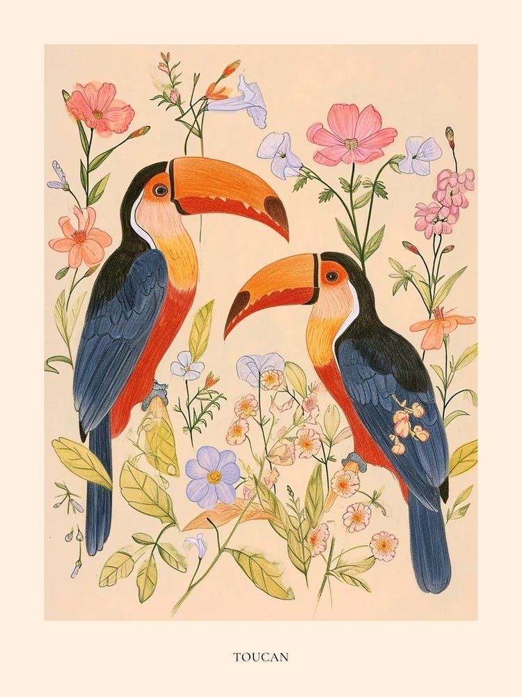 Dessin Animalier Floral Folklorique Toucan 3 Affiche