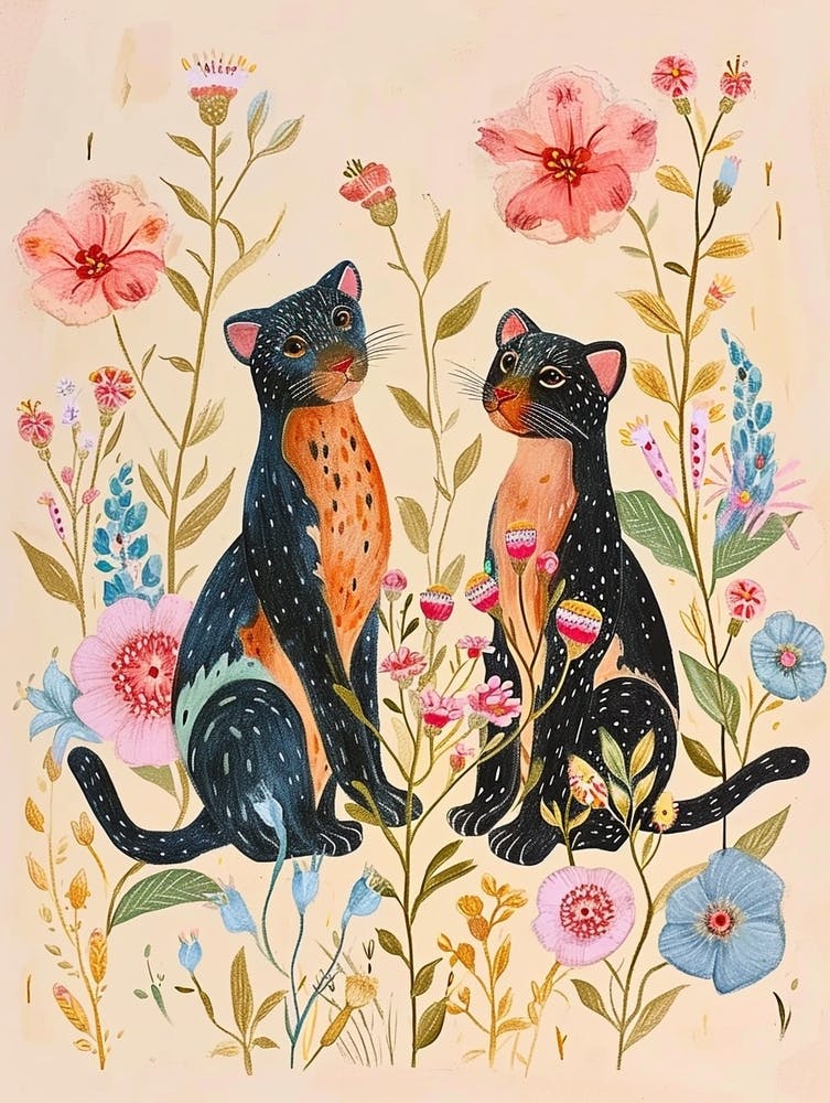 Folksy Floral Animal Drawing Panther