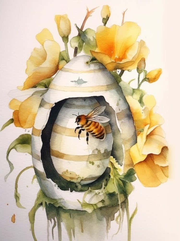 Beehive With Lisianthus Watercolour Illustration 1