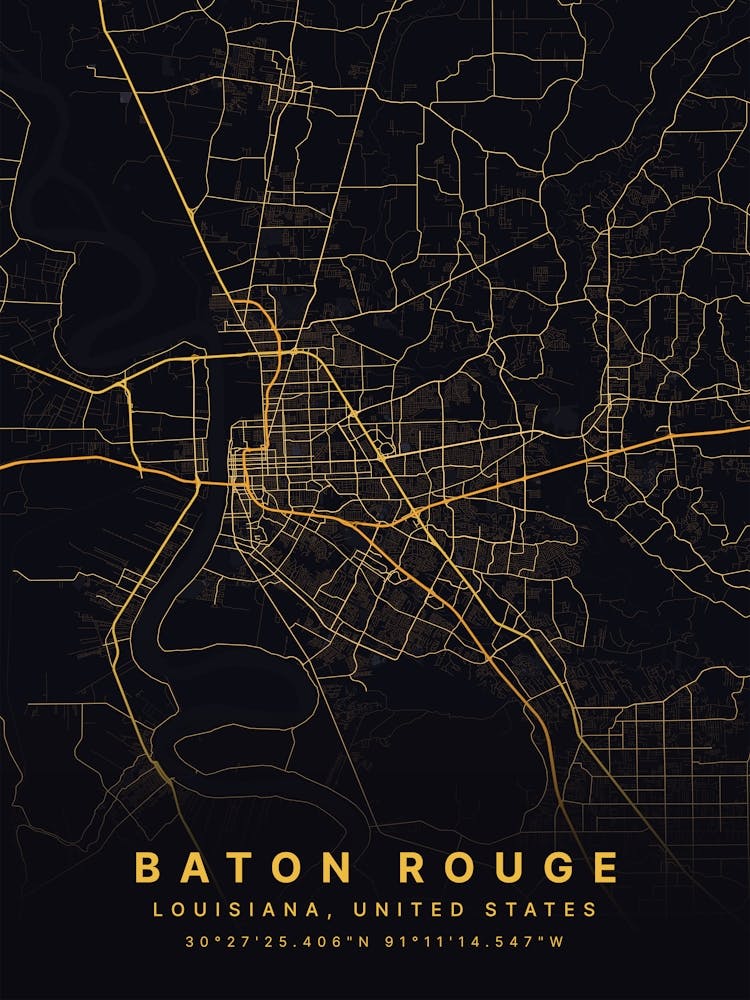 Baton Rouge Louisiana USA Black And Gold Map