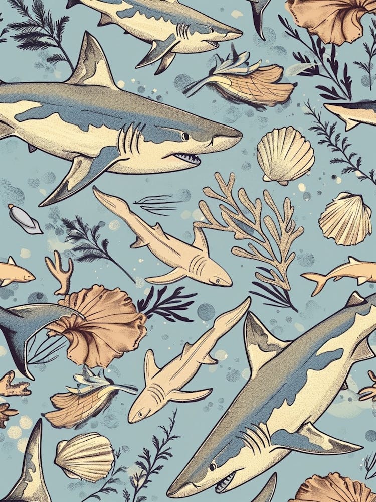Pastellblau Weißspitzen-Riffhai Aquarell-Meereslandschaftsmuster 2