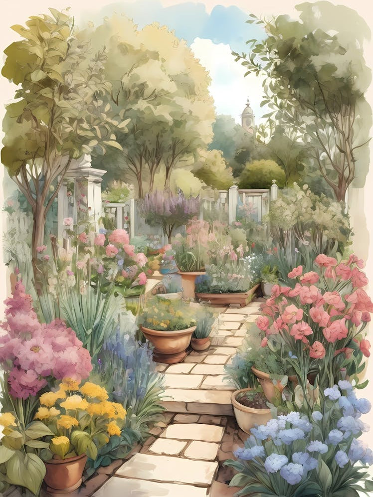 Oil Painting Style Vintage Garden Sketch With Botinical