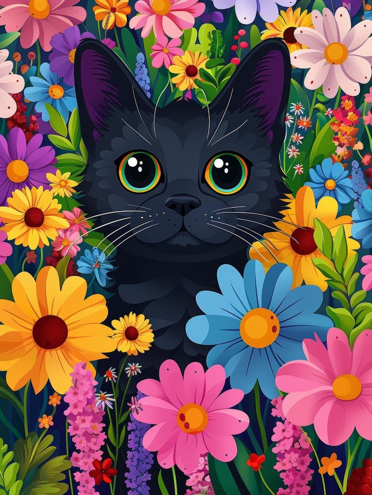 Black Cat In Flowers 3