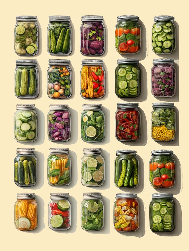 Vintage Pickle Jar Illustration with Hand-Drawn Style, Featuring 25 Unique Pickle Varieties in Mason Jars