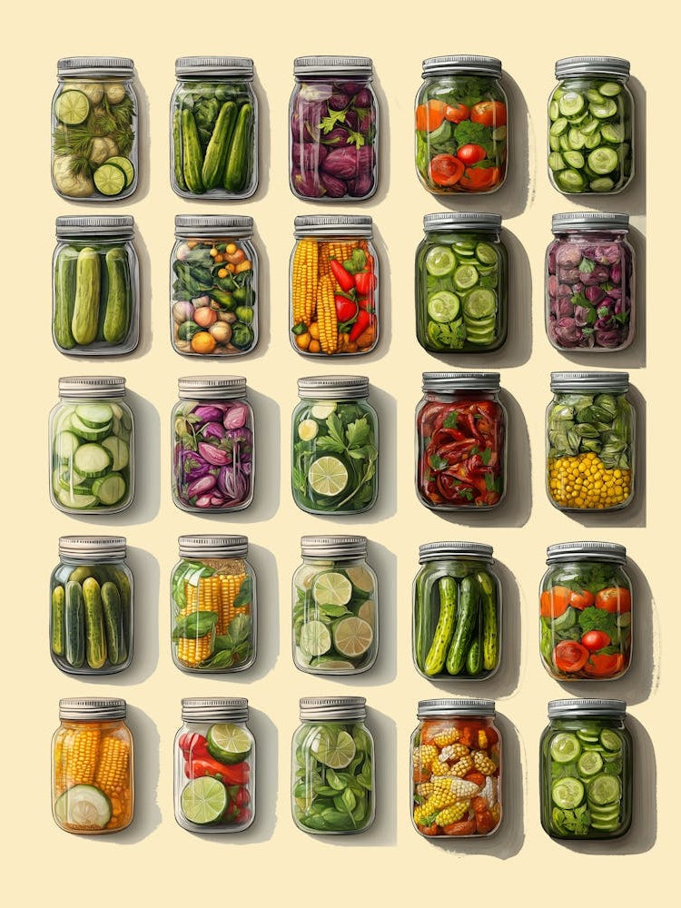Vintage Pickle Jar Illustration with Hand-Drawn Style, Featuring 25 Unique Pickle Varieties in Mason Jars