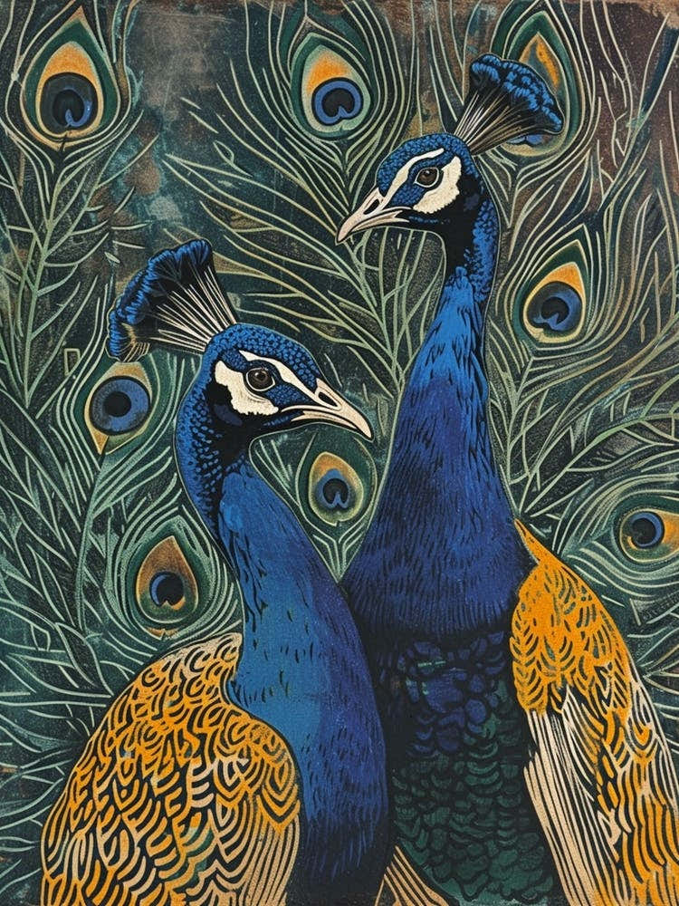 Blue Mustard Two Peacocks Portrait