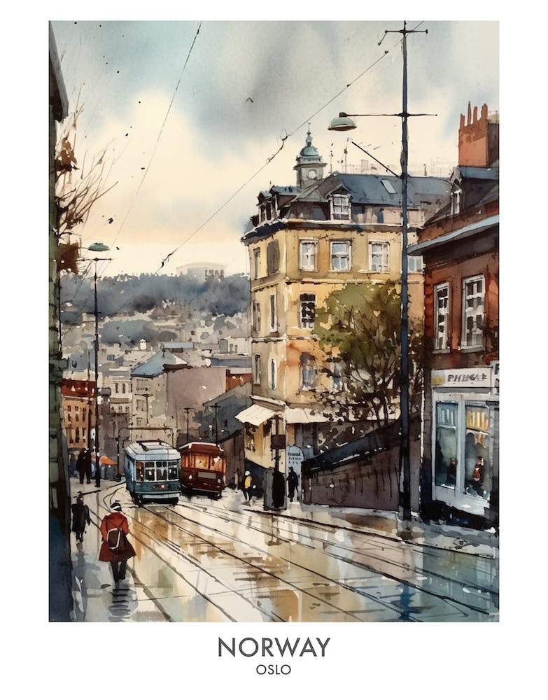 Oslo, Norway 4 Watercolor Travel Poster