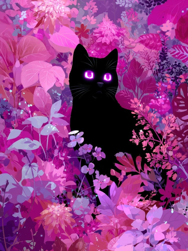 Black Cat In Pink Flowers