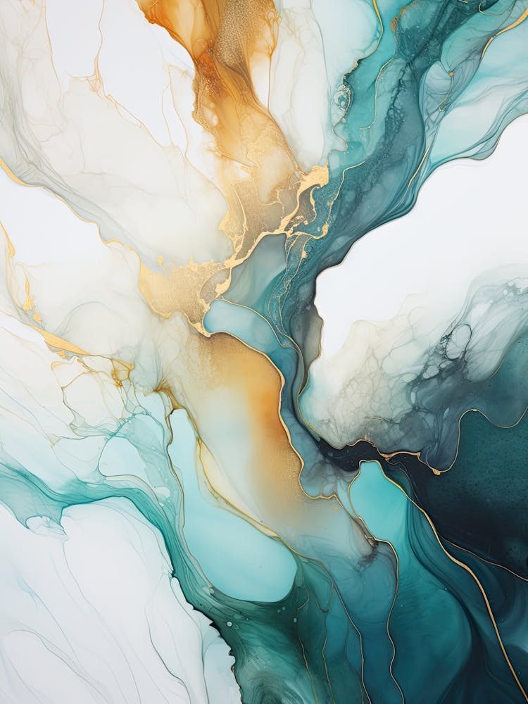 Teal, White, Gold Flow Asbtract Painting 2