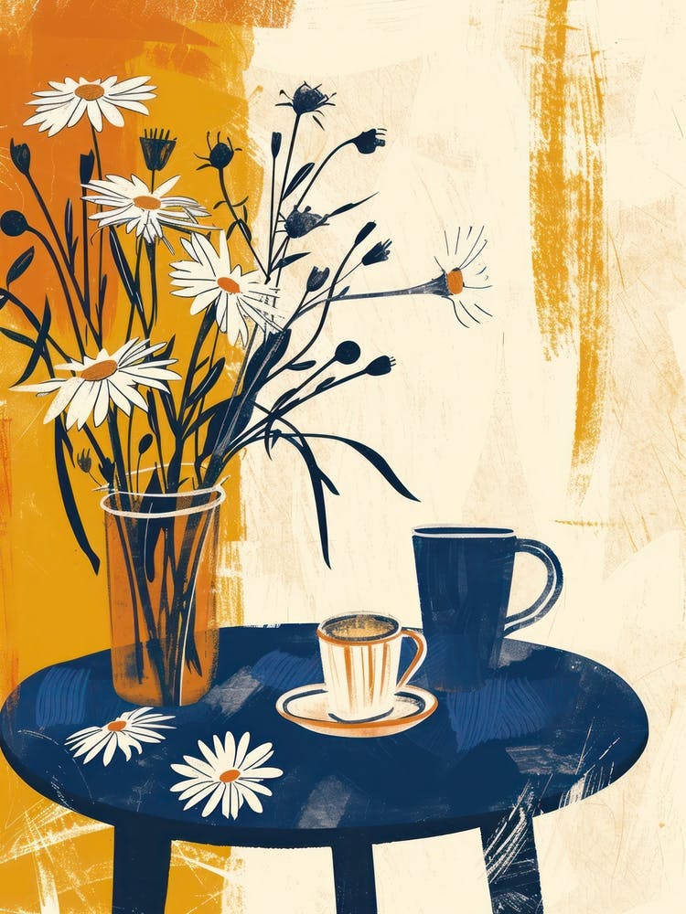 Daises Flowers On A Table   Contemporary Illustration 1