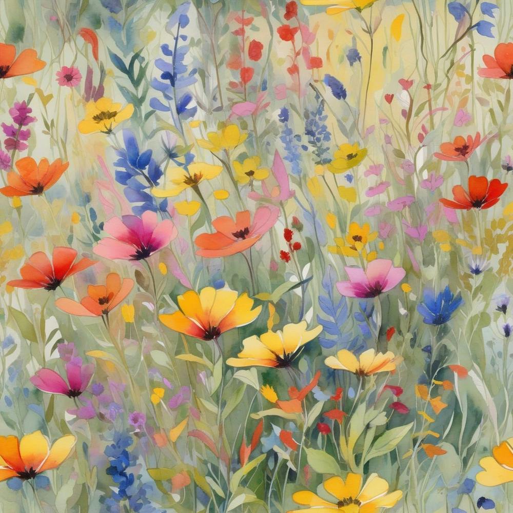 Multicolored Wildflowers Watercolor Field Drawing Summer 3