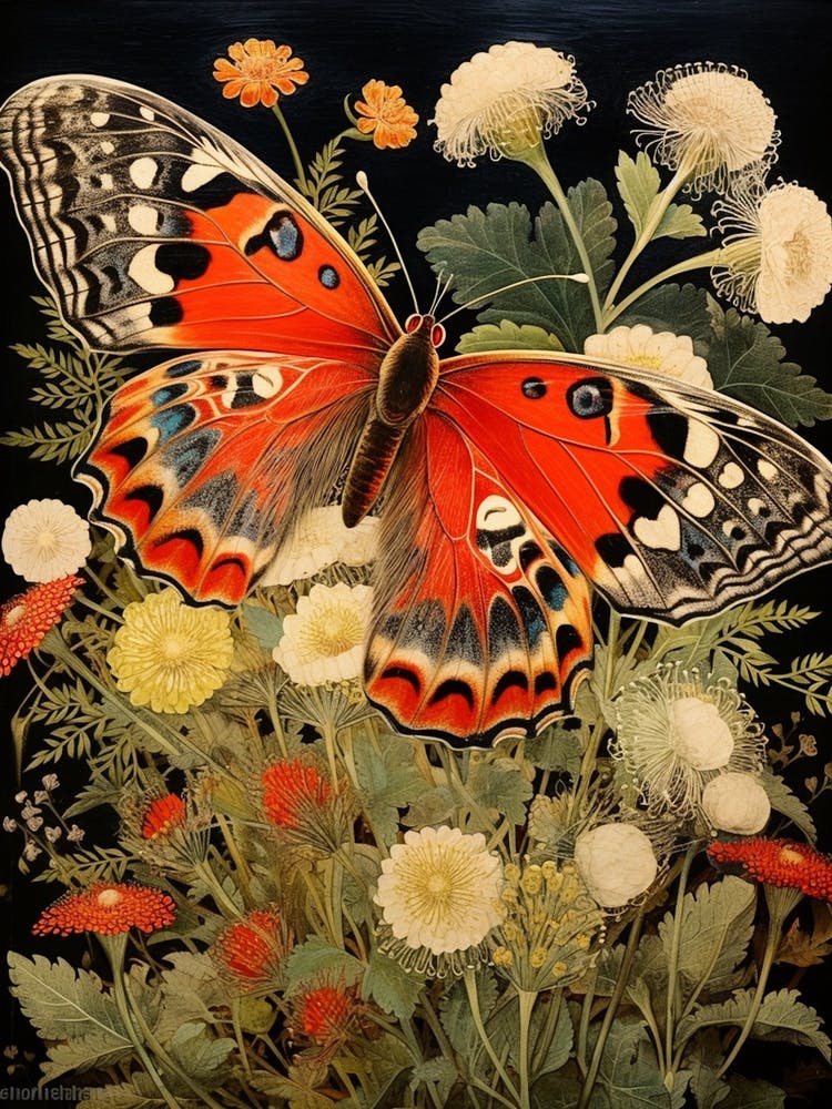Japanese Style Painting Of A Butterfly With Flowers 2