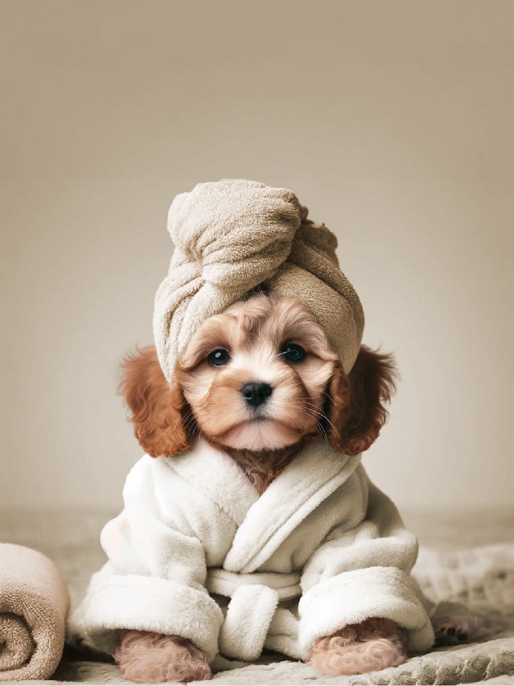 Pampered Cavapoo in Robe in Bathroom