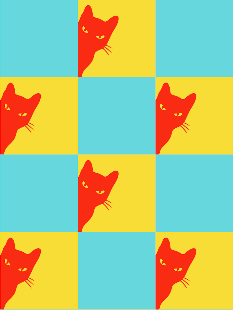 Playful Checker Board Cat Peeping Pattern 9 In Sky Blue Mustard Coral Red 01